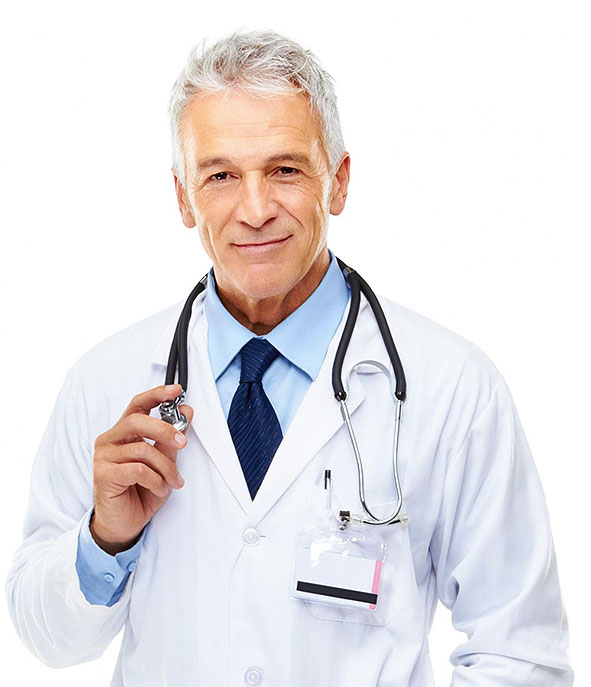 Confident male doctor with stethoscope and pen.
